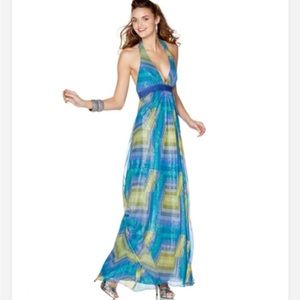 BCBG MAXAZRIA Silk HALTER MAXI LONG GOWN Watercolor BLUE TONES Size 4
